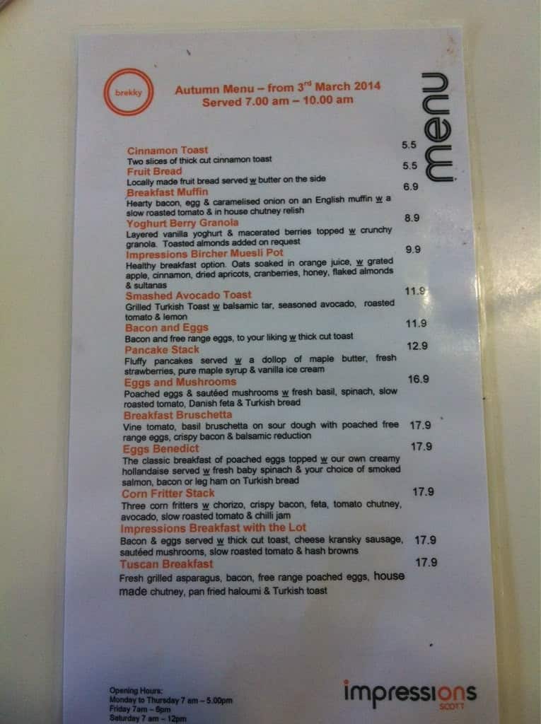 Menu at Impressions on Scott restaurant, Toowoomba City