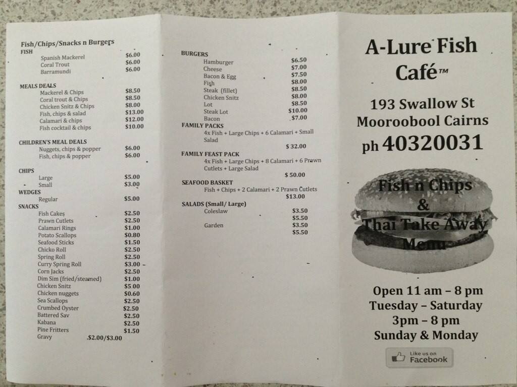 ALure Fish Cafe Menu, Menu for ALure Fish Cafe, Mooroobool