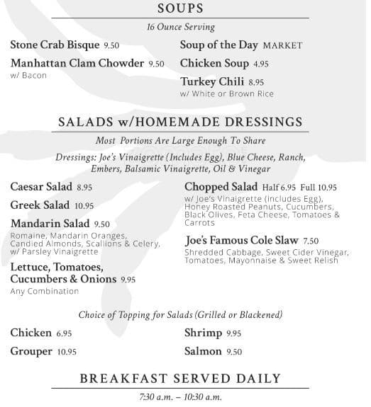 Menu at Joe's Stone Crab Restaurant, Miami Beach