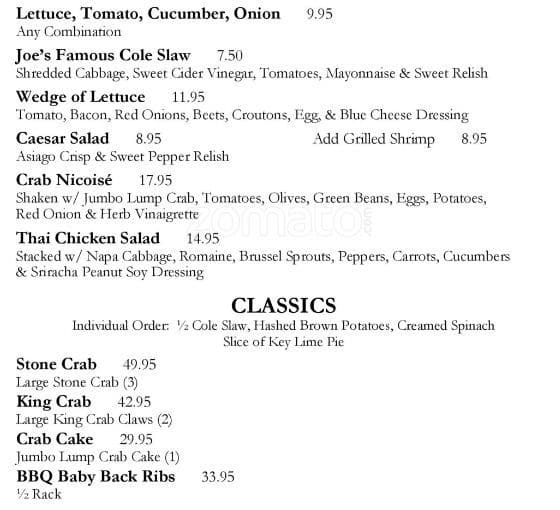 Menu at Joe's Stone Crab Restaurant, Miami Beach