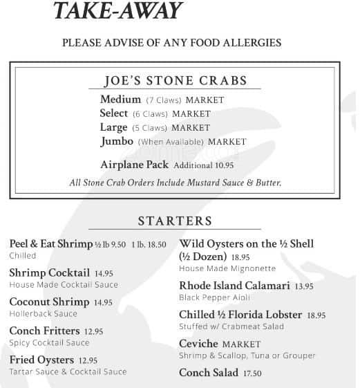 Menu At Joes Stone Crab Restaurant Miami Beach