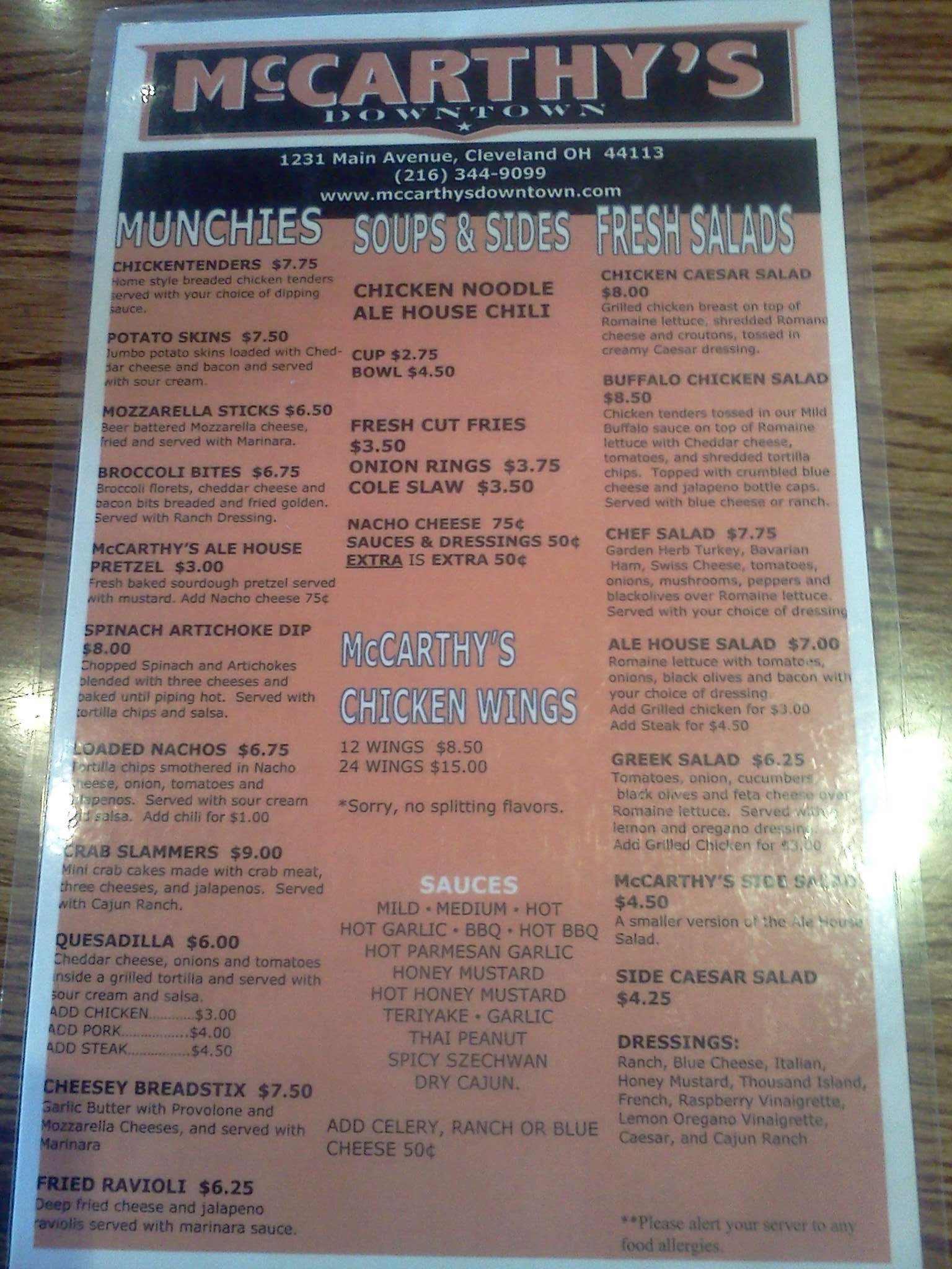 McCarthy's Downtown Menu,Menú para McCarthy's Downtown, The Flats