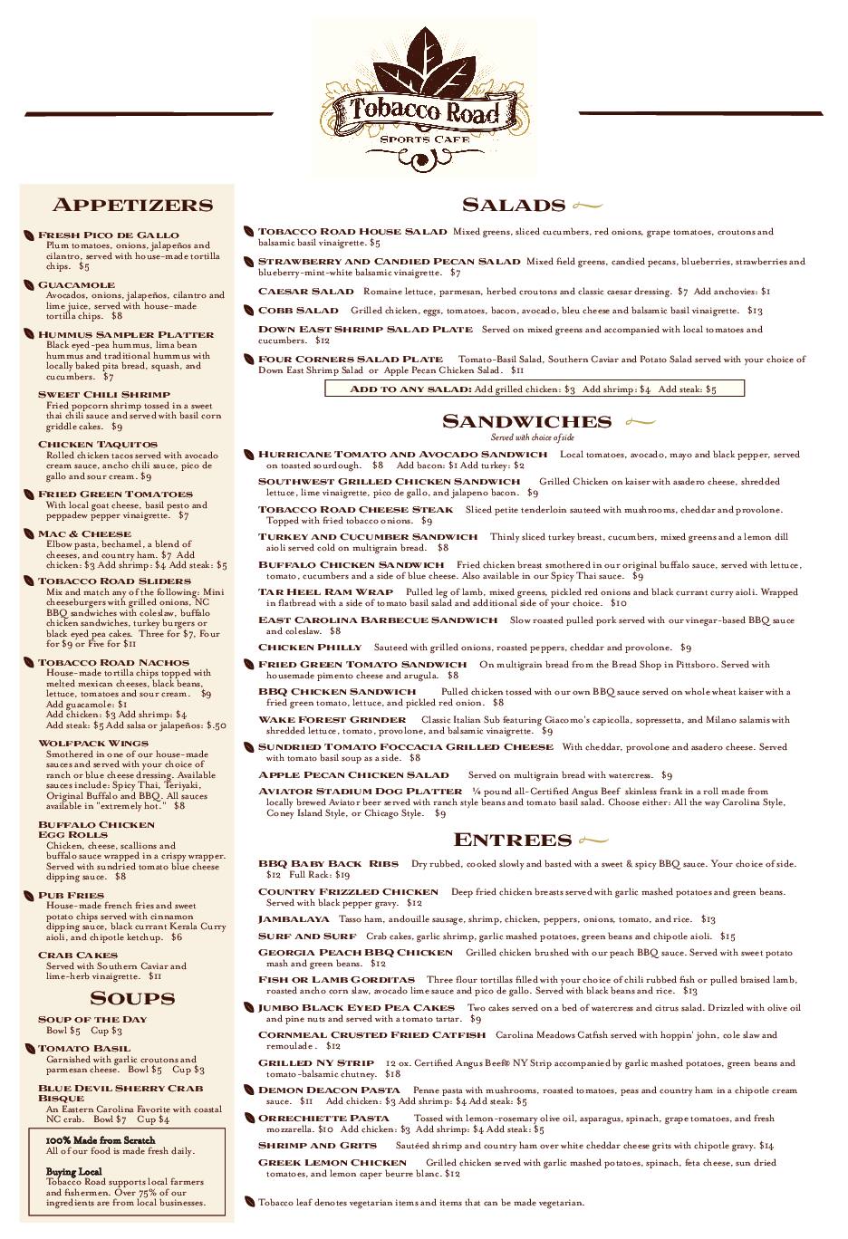 Terrific Tobacco Road Sports Cafe Menu Photos