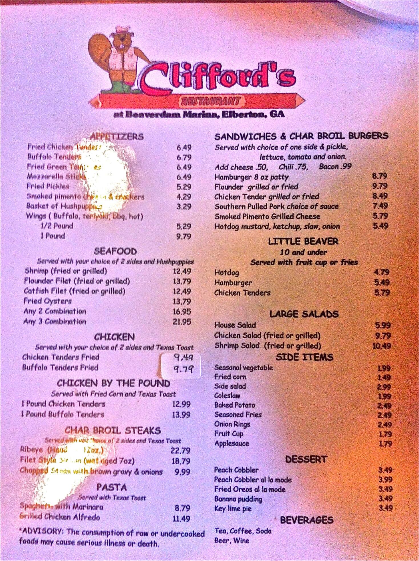 Clifford S Restaurant Menu Menu For Clifford S Restaurant Elberton Elberton