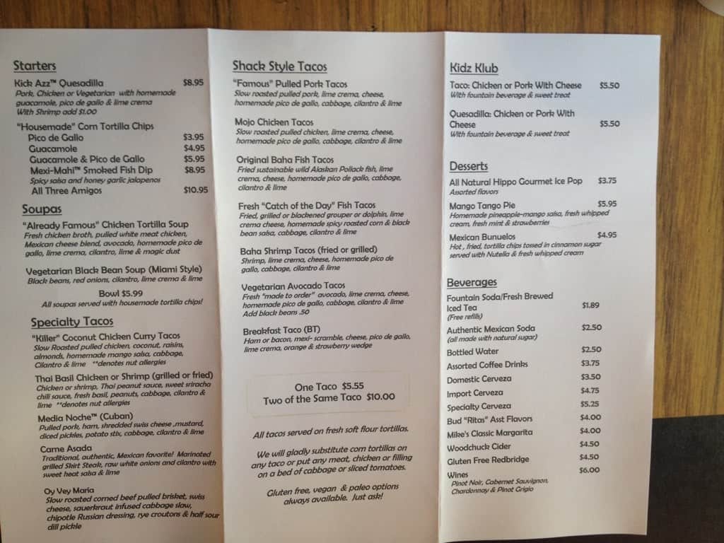 Menu at Taco Shack restaurant, Stuart