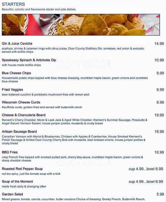 Juniper's Gin Joint Menu, Menu for Juniper's Gin Joint, Fish Creek