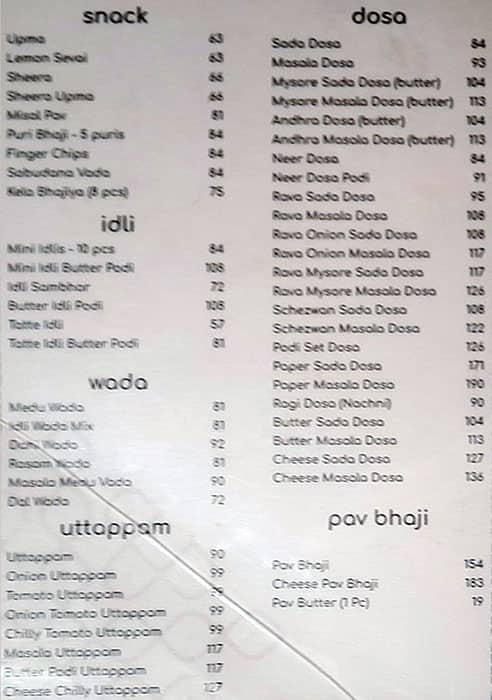 Thambbi Veg Restaurant menu
