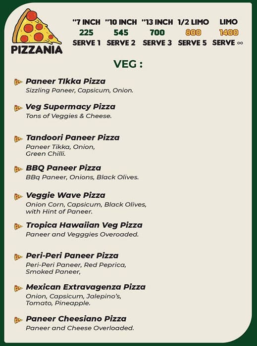 Menu of Pizza Zone, Banjara Hills, Hyderabad