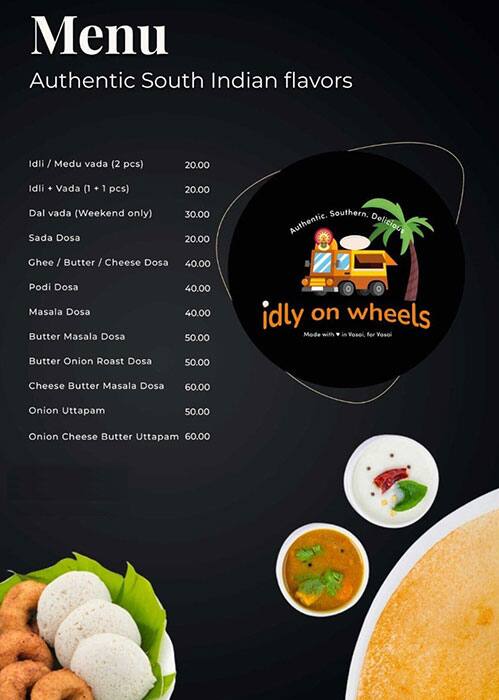 Menu of Idly On Wheels, Vasai, Mumbai