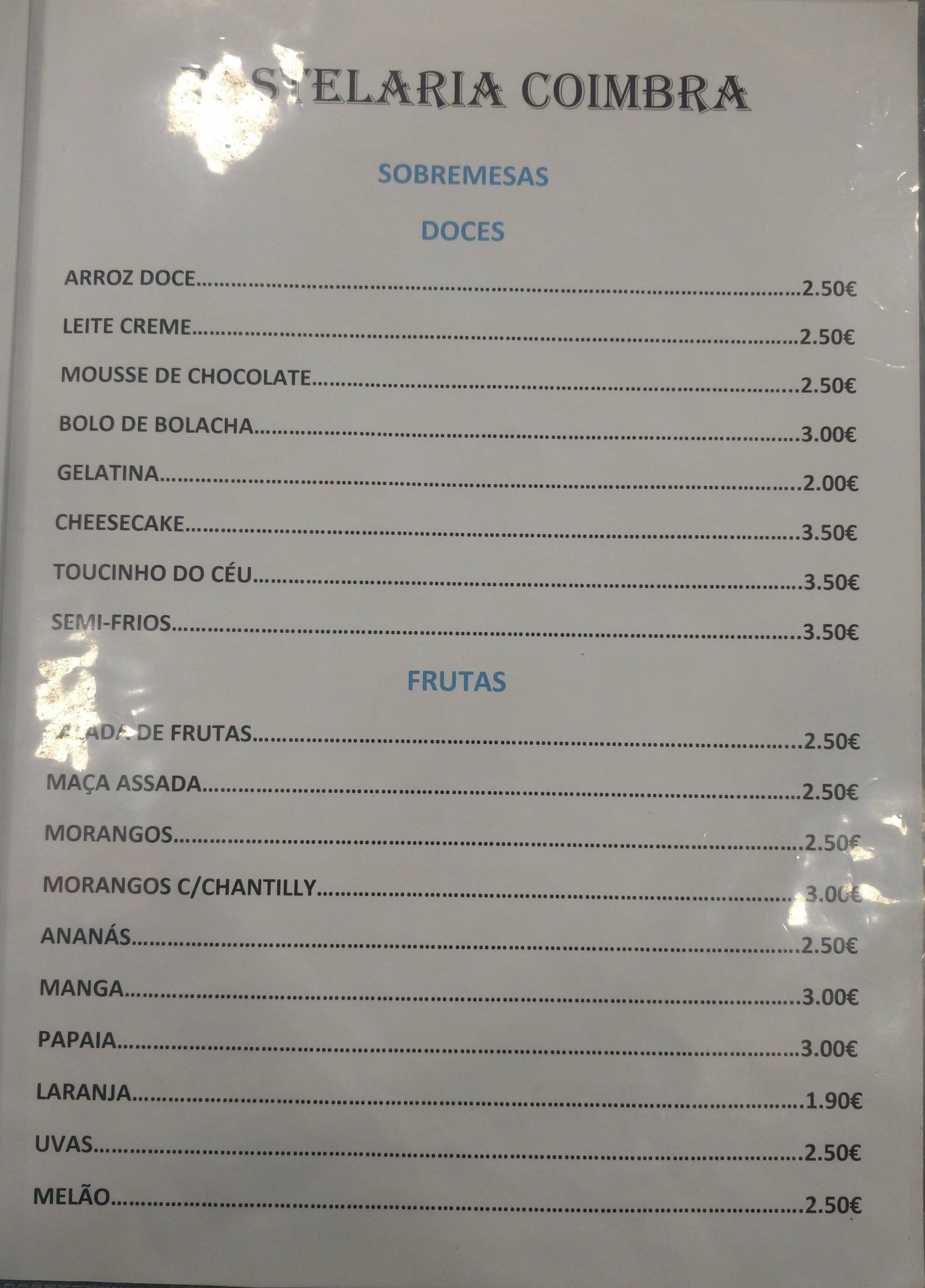 Menu at Coimbra cafe, Lisbon, R. Alexandre Herculano 29 F