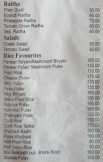 Supriya Restaurant menu