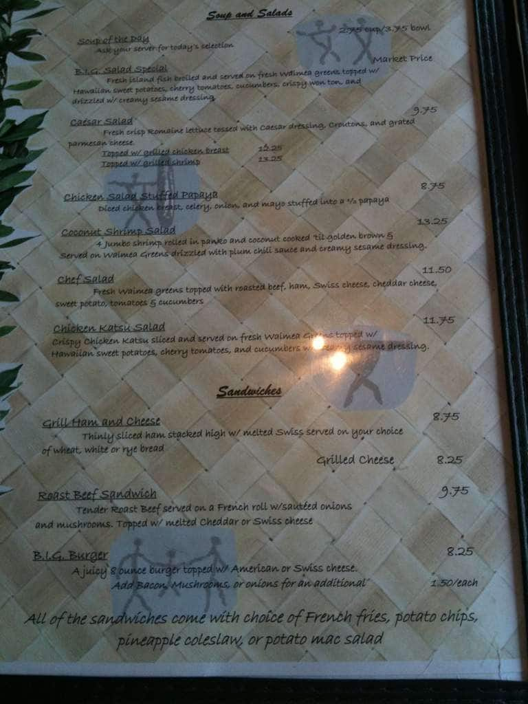 Menu at Big Island Grill restaurant, Kailua-Kona