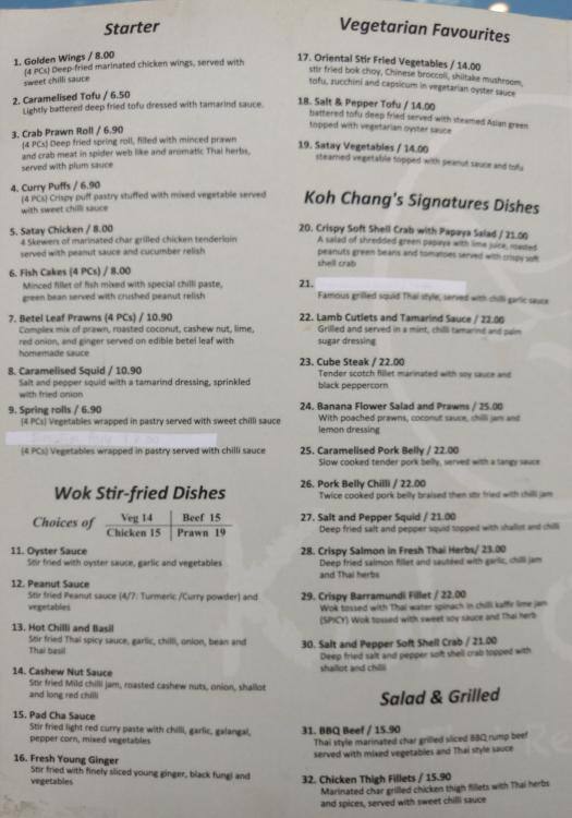 Koh Chang Thai Restaurant Menu Urbanspoon/Zomato