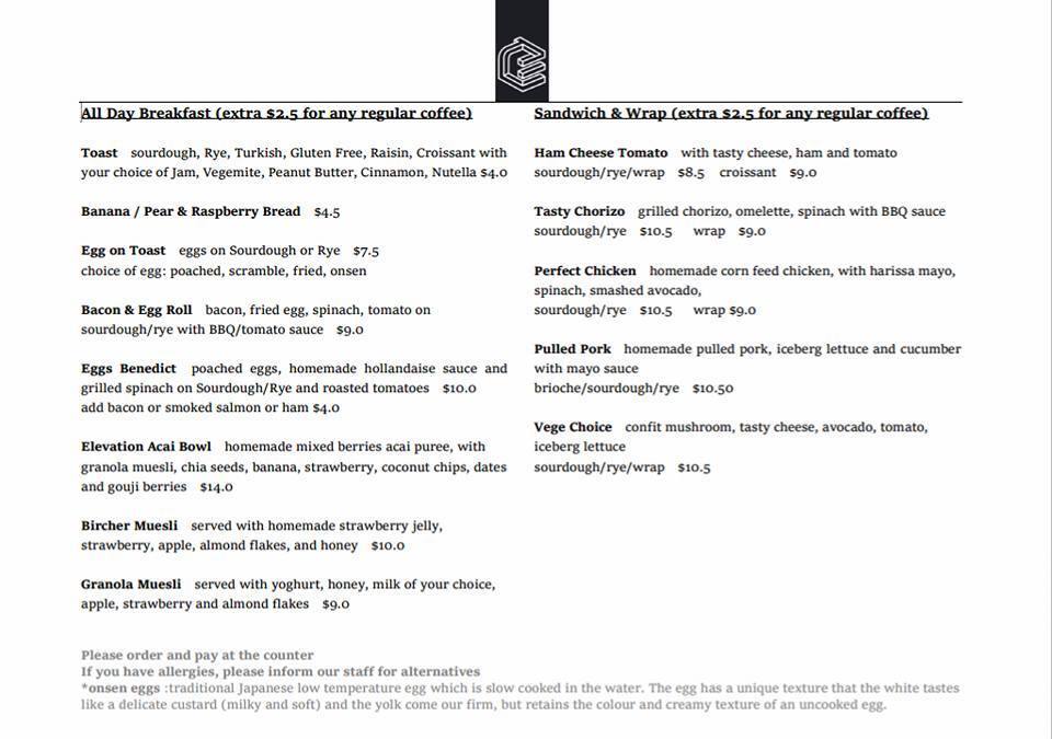 The Elevation Cafe Menu, Menu for The Elevation Cafe, Parramatta