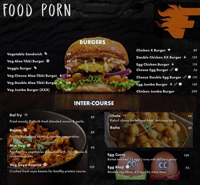 Menu of Food Porn, Sector 43, Gurgaon