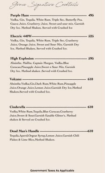 The Grove Kitchen & Bar menu