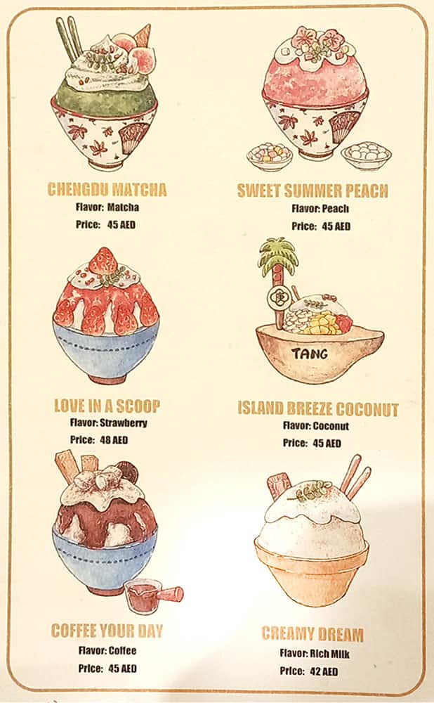 Menu of Tang, Al Safa, Dubai