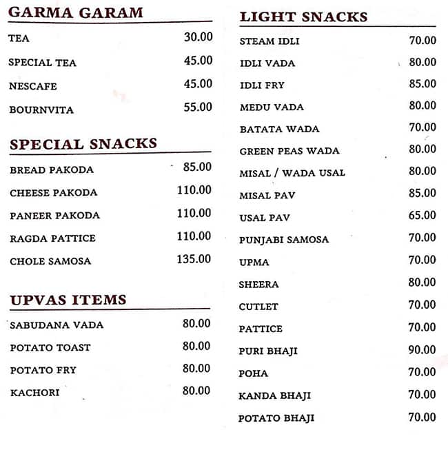 Menu of Radhe Shyam, Lower Parel, Mumbai
