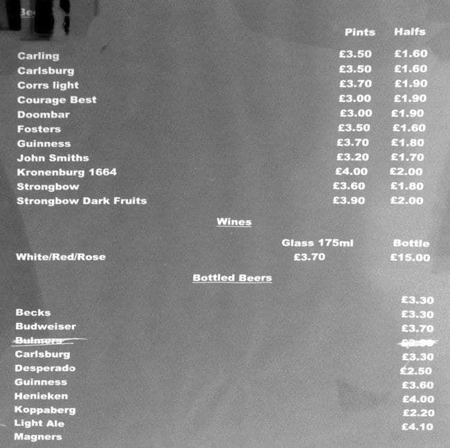 Menu at Pyrotechnists Arms pub & bar, London