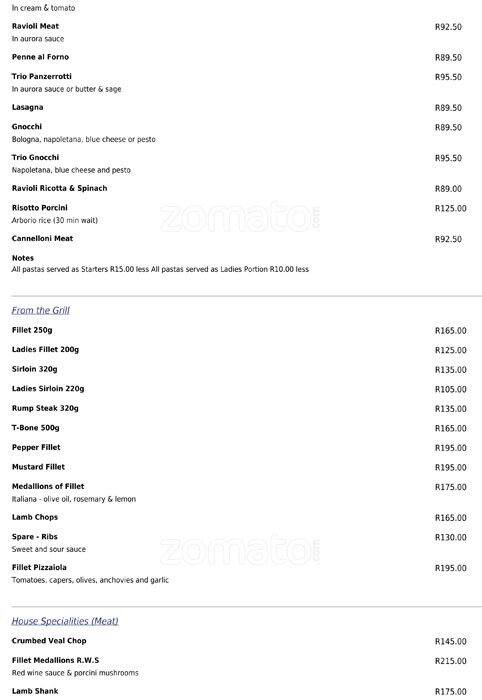 Menu at Mamma Roma Newlands restaurant, Cape Town, Dean street Arcade