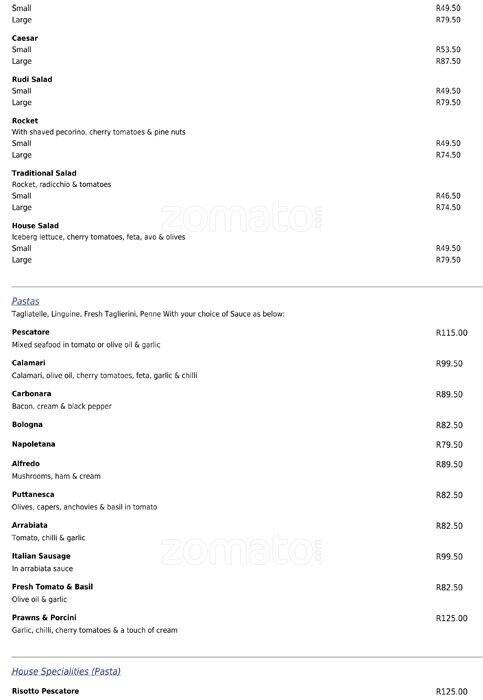 Menu at Mamma Roma Newlands restaurant, Cape Town, Dean street Arcade