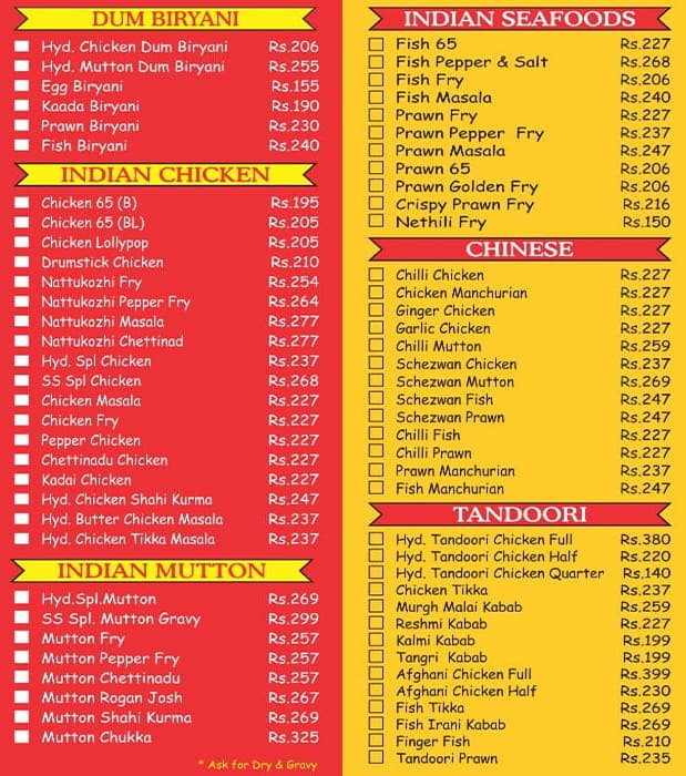 Menu at SS Hyderabad BiryaniPerambur Railway, Chennai, 8/12