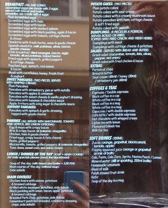 Milkbar Tomasza menu, Menu restauracji Milkbar Tomasza, Stare Miasto