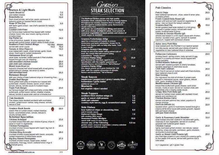 Menu At Matthew Flinders Hotel Pub Bar Chadstone