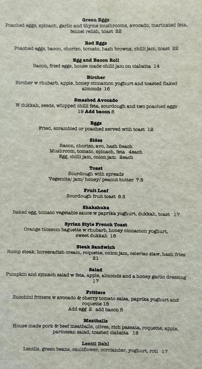 The Old Bike Shop Cafe Menu, Menu for 