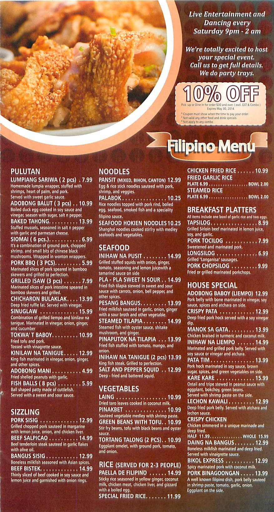 Menu at Aristocrat restaurant, Calgary