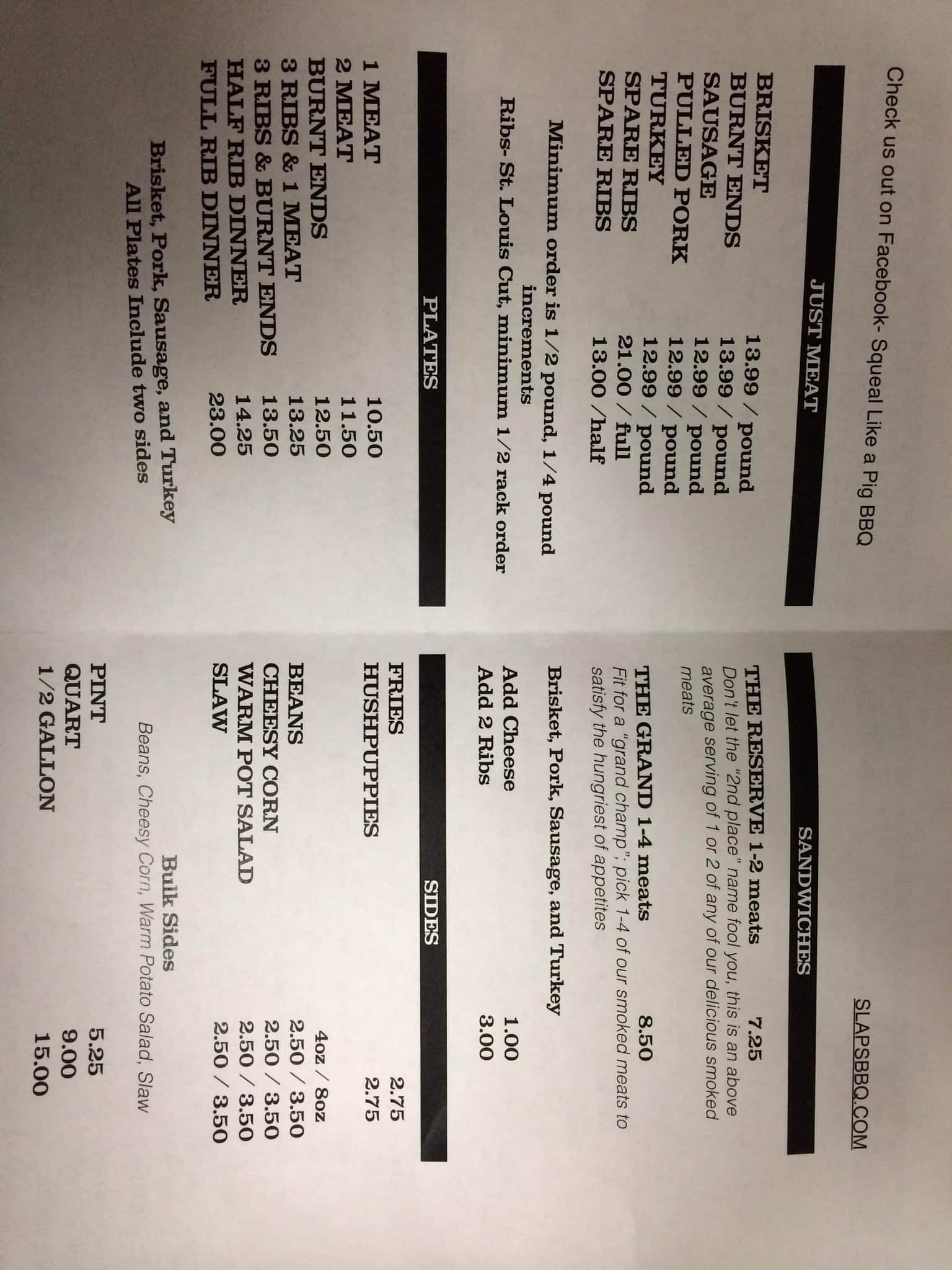 Slap's BBQ Menu, Menu for Slap's BBQ, Downtown KCK, Kansas City, Kansas