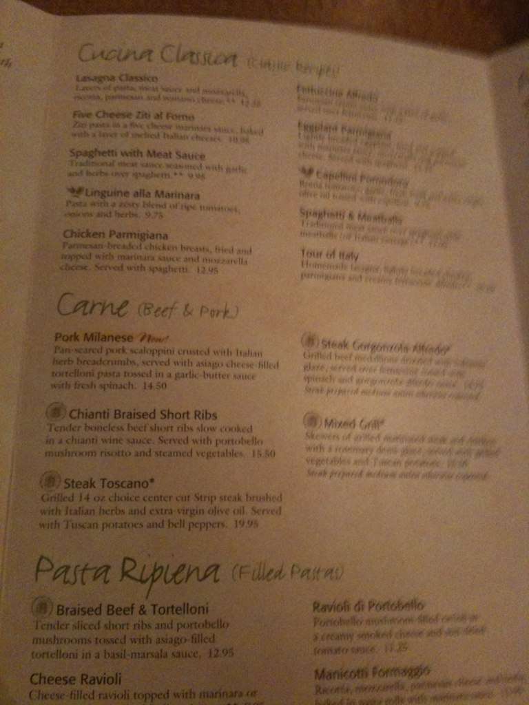 Menu at Olive Garden restaurant, Baton Rouge