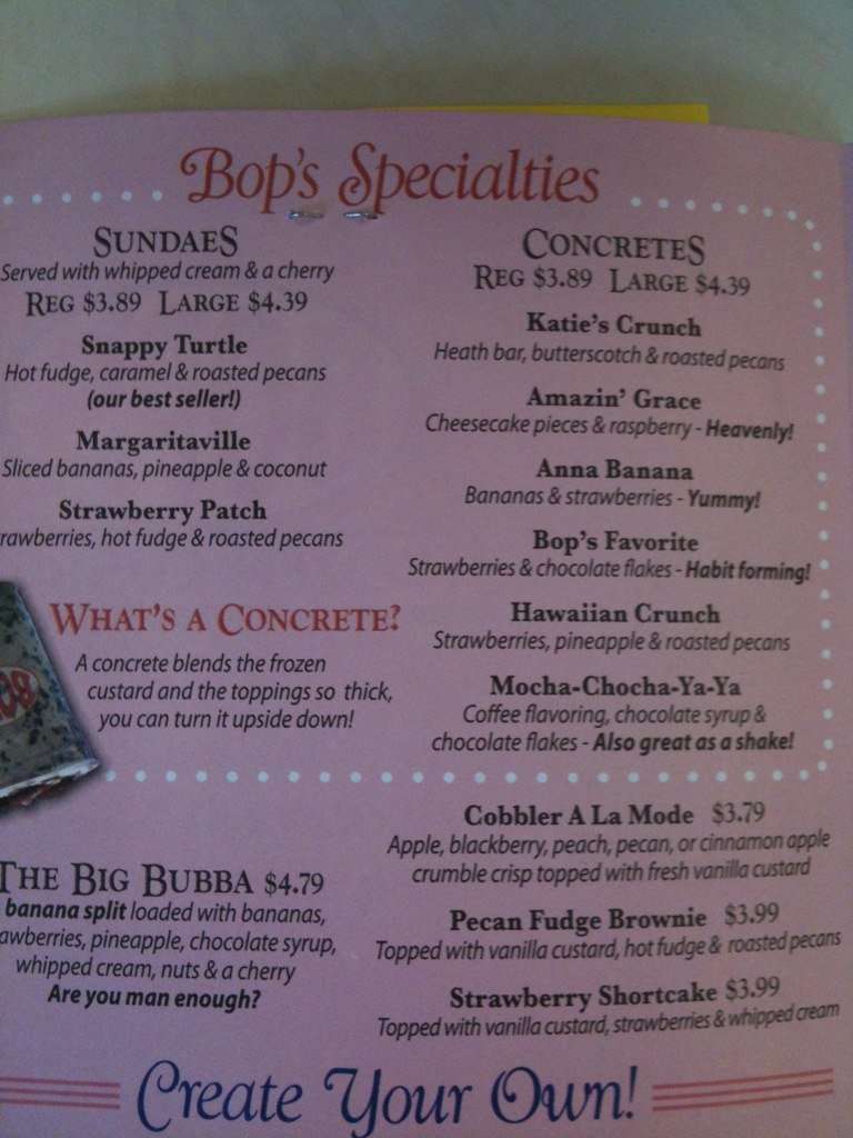 Bop's Frozen Custard Menu Urbanspoon/Zomato