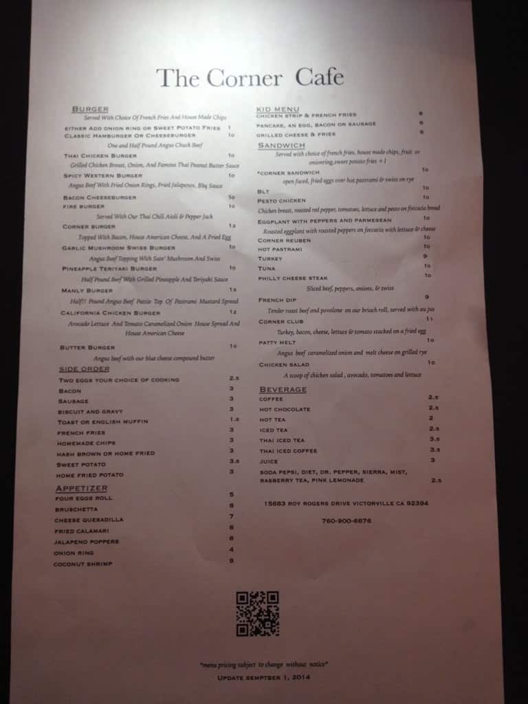 Menu at The Corner Café cafe, Victorville, Roy Rogers Dr 201