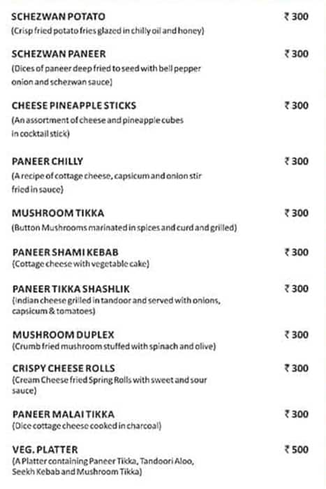 Peacock Restaurant menu