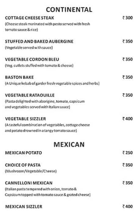 Peacock Restaurant menu