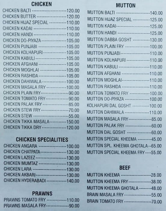 Hijaz Restaurant menu