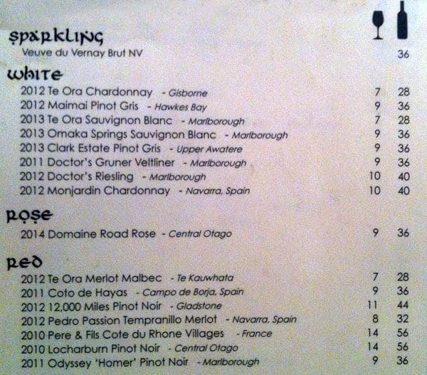 The Wine Cellar Menu, Menu for The Wine Cellar, Karangahape Road