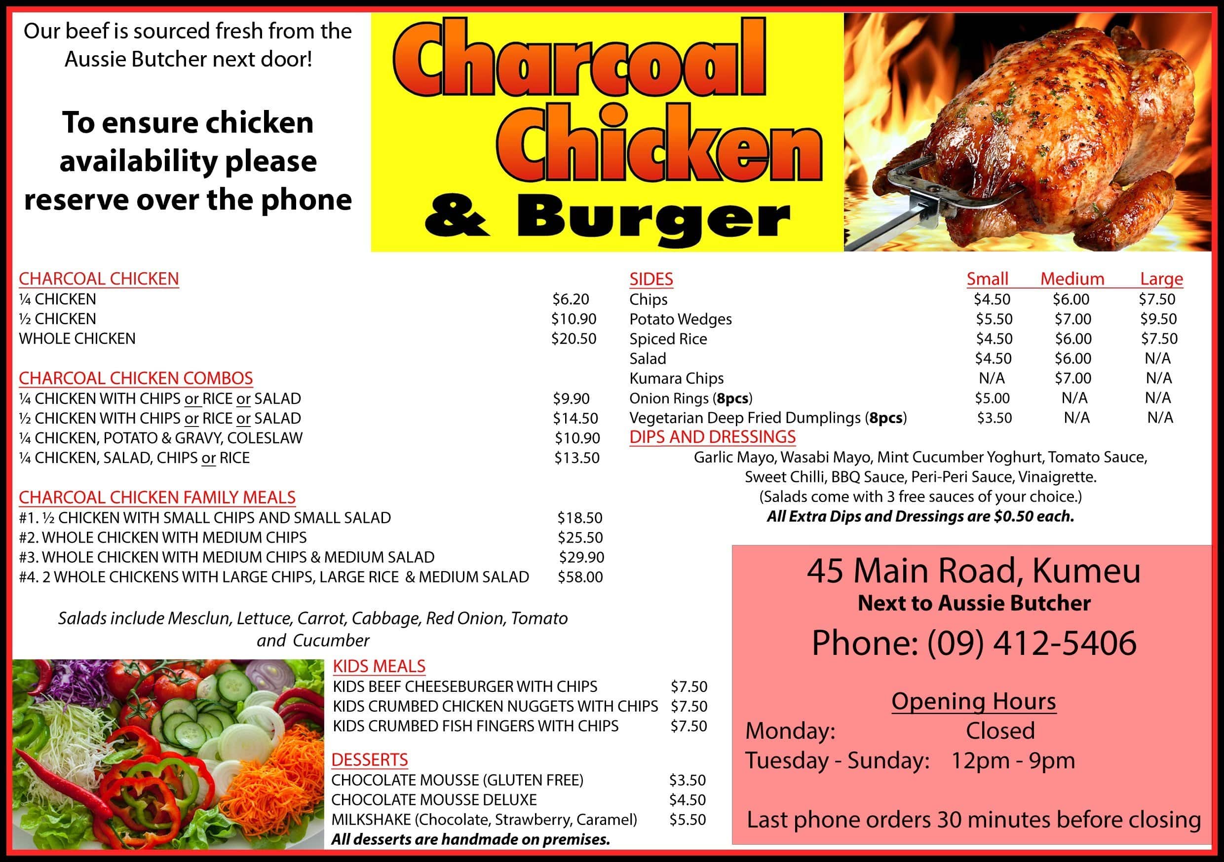 Menu at Charcoal Chicken and Burger restaurant, Auckland