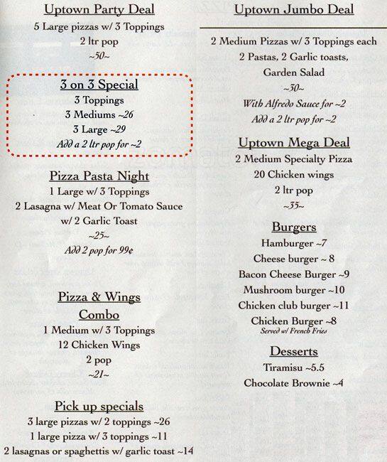 Menu at Uptown Pizza pizzeria, White Rock