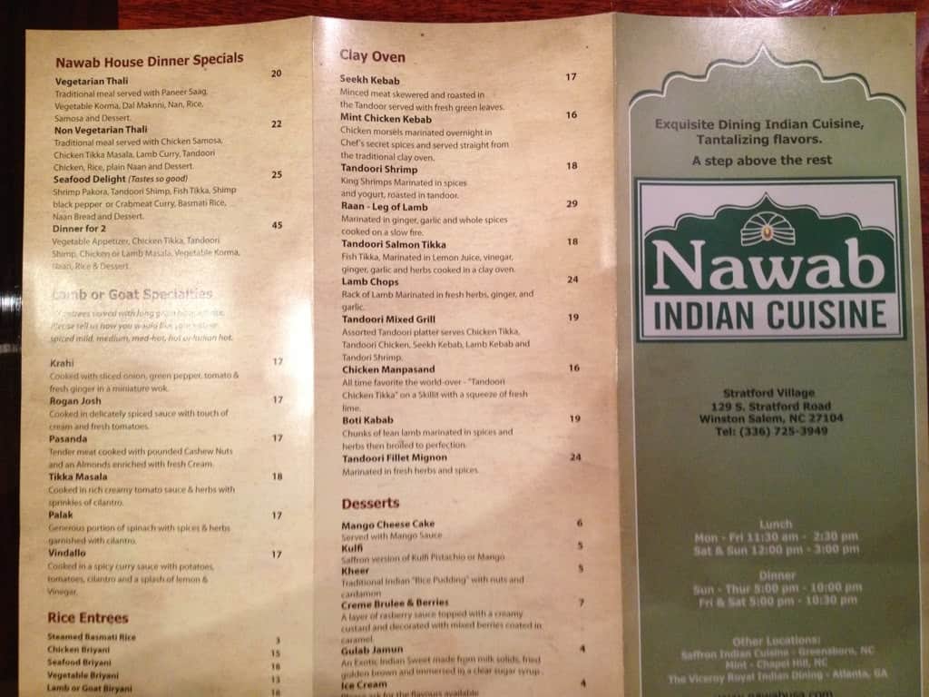 Menu at Nawab Indian Cuisine restaurant, Winston-Salem