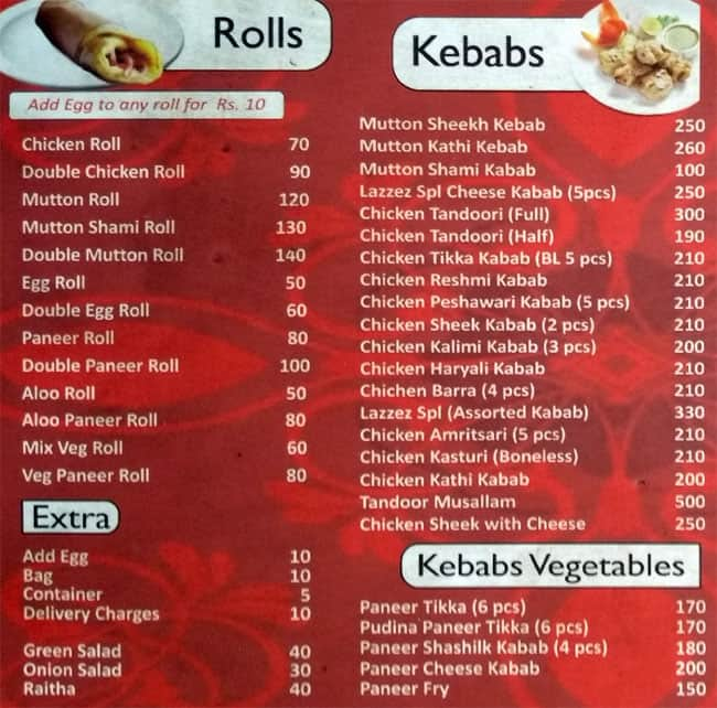 Menu Of Lazeez, Koramangala 5th Block, Bangalore