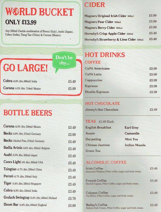 Menu at Jimmy's pizzeria, London