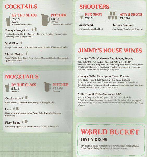 Menu at Jimmy's pizzeria, London