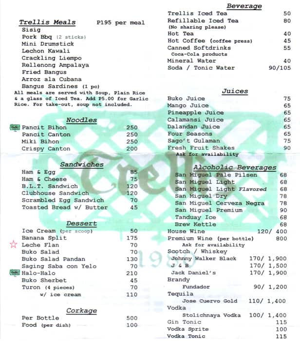 Menu at Trellis restaurant, Quezon City