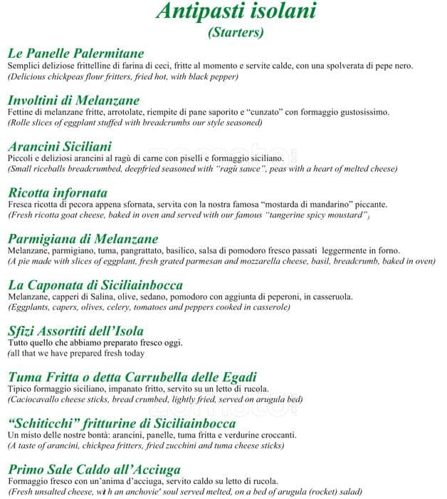 Menu di Siciliainbocca al Flaminio 