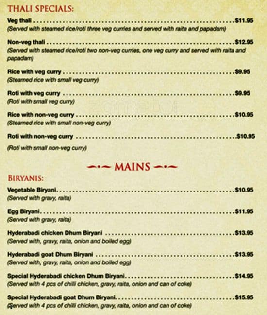 Menu at Alankrita restaurant, Hoppers Crossing