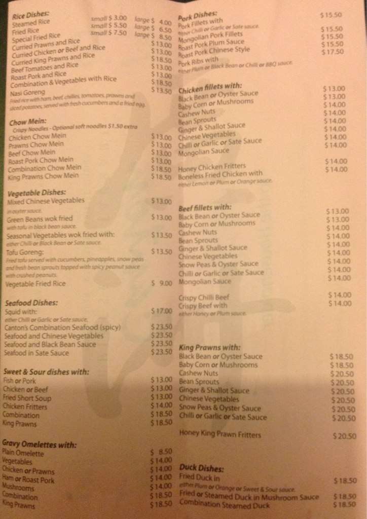 Menu at Canton Chinese Restaurant, Queanbeyan