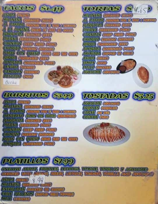 Menu at Tortas Y Tacos El Chino restaurant, Aurora, 796 Peoria St