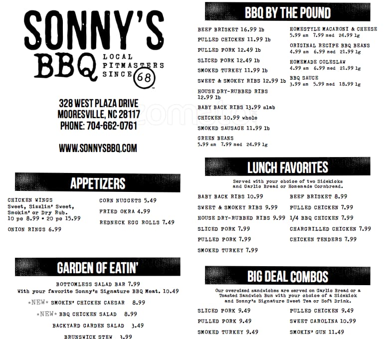 Sonny's BBQ Menu, Menu for Sonny's BBQ, Mooresville, Charlotte ...